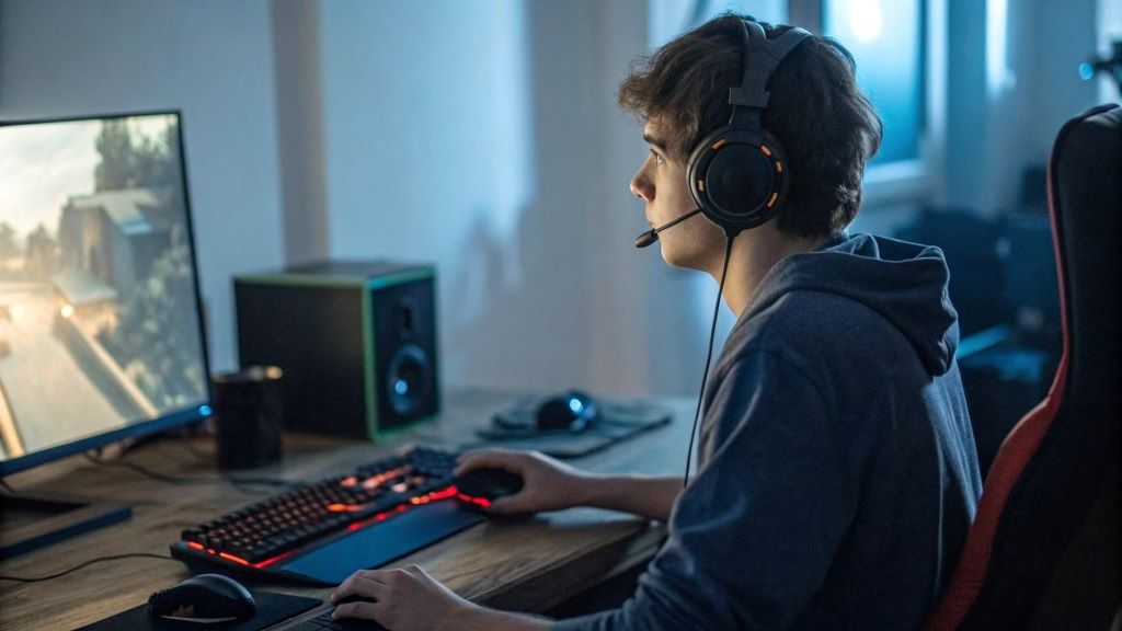 Illustration of a young gamer at a desk with a headset and gaming setup, representing steps to start a career in esports for aspiring professional players