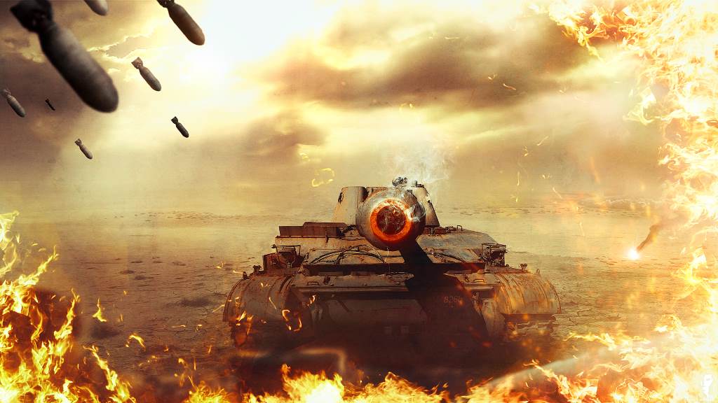 A heavy tank fires in a dynamic World of Tanks battle arena