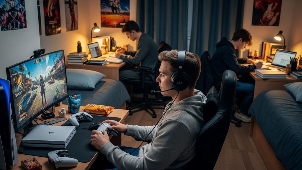 Gamer wearing headset with boom microphone while playing PS5 in shared bedroom with roommate studying
